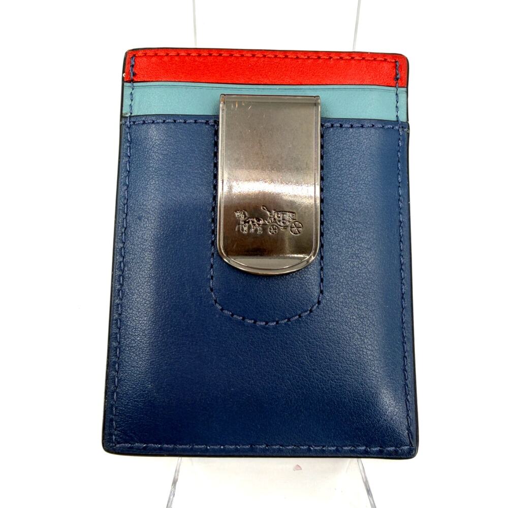 Blue and Red colorblock Coach Leather card case with money clip - NWOB - Picture 2 of 3